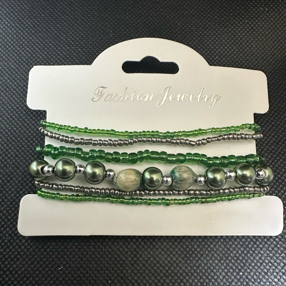 Green and Silver Beaded Bracelet Set